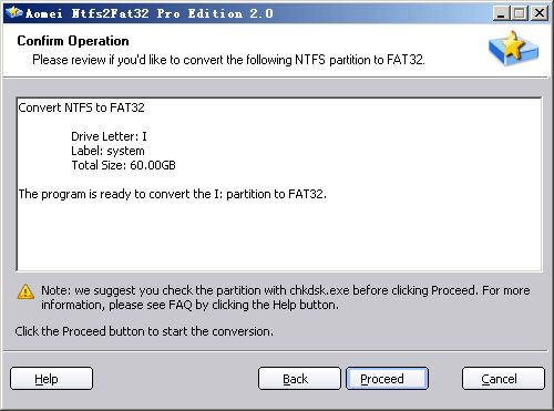 Confirm the conversion from NTFS to FAT32