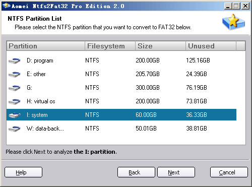 Select a NTFS Partition that You want to Convert to FAT32